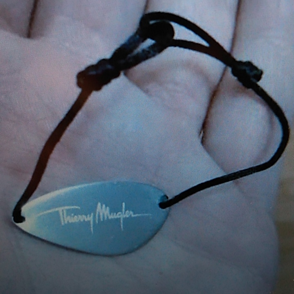 Thierry Mugler Sterling Engraved Designer Logo BlackCord Silver Bracelet Jewelry